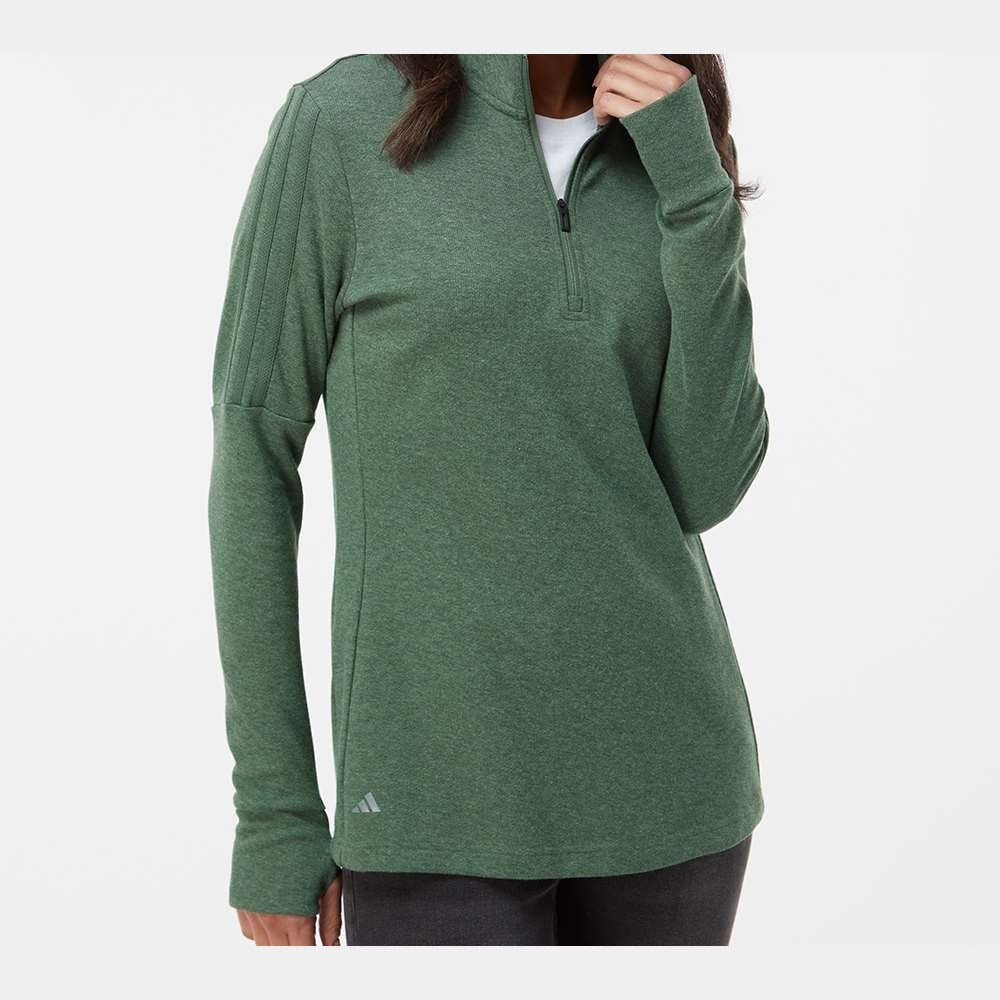 Adidas Women's 3-Stripes Quarter-Zip Sweater Pullover Full Color - Green Oxide Melange - On Model Front