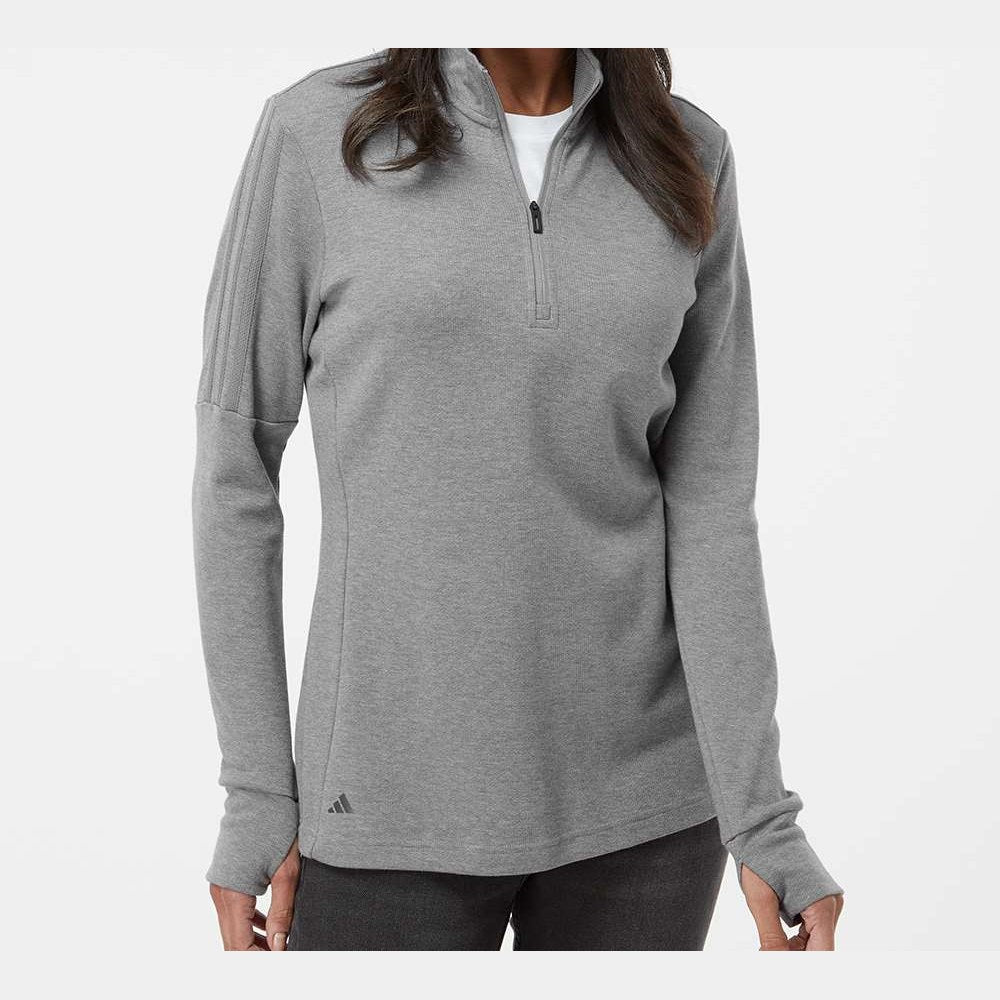 Adidas Women's 3-Stripes Quarter-Zip Sweater Pullover Full Color - Grey Three Melange - On Model Front