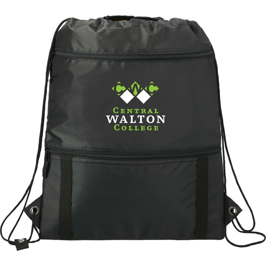 Adventure Drawstring Bag with Insulated Pocket Full Color - Black - Front