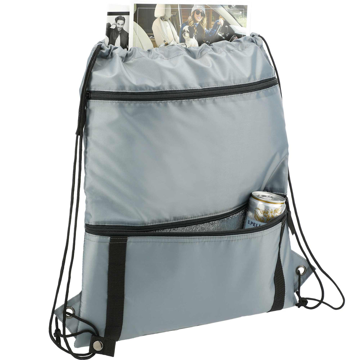 Adventure Drawstring Bag with Insulated Pocket Full Color - Gray - Right Angle 2