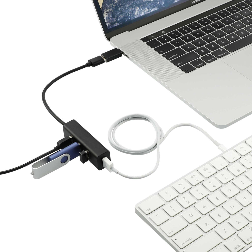 Aluminum USB 3.0 Hub with Four Ports and USB-C Adapter Full Color - Black - Left Angle