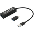 Aluminum USB 3.0 Hub with Four Ports and USB-C Adapter Full Color - Black - Right Angle