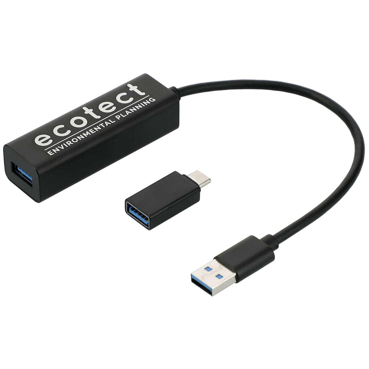 Aluminum USB 3.0 Hub with Four Ports and USB-C Adapter Full Color - Black - Right Angle