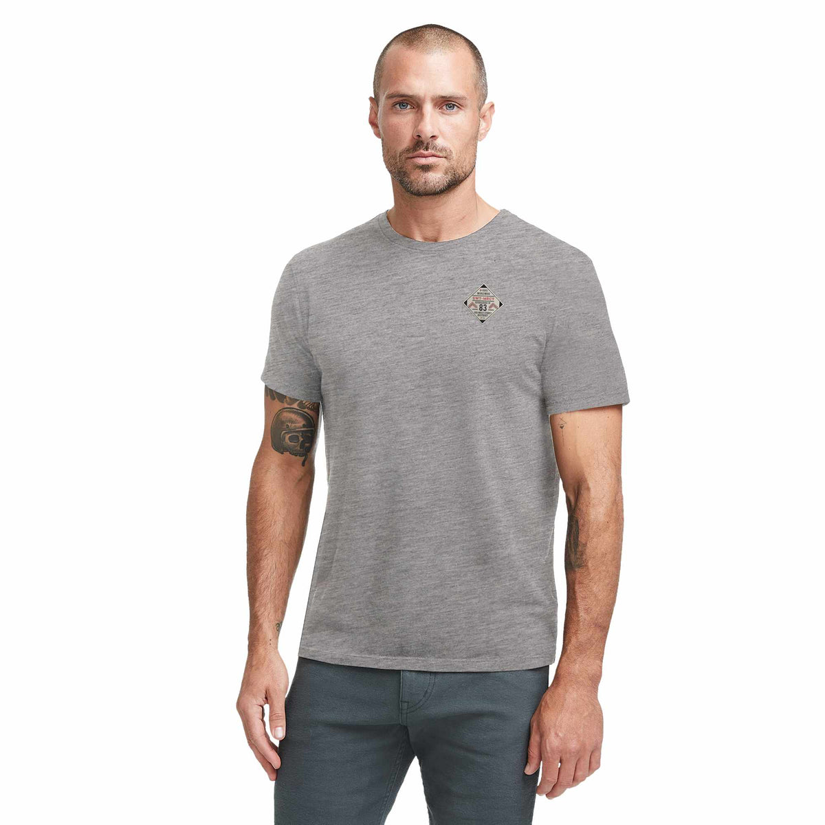American Giant Classic Cotton Crew Tee for Men Embroidery - Heather Grey - Front On Model