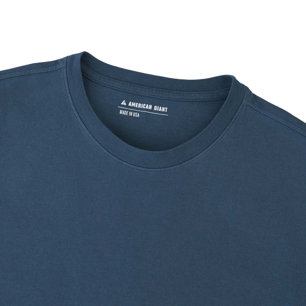 American Giant Classic Cotton Crew Tee for Men Embroidery - Washed Navy - Collar Detail