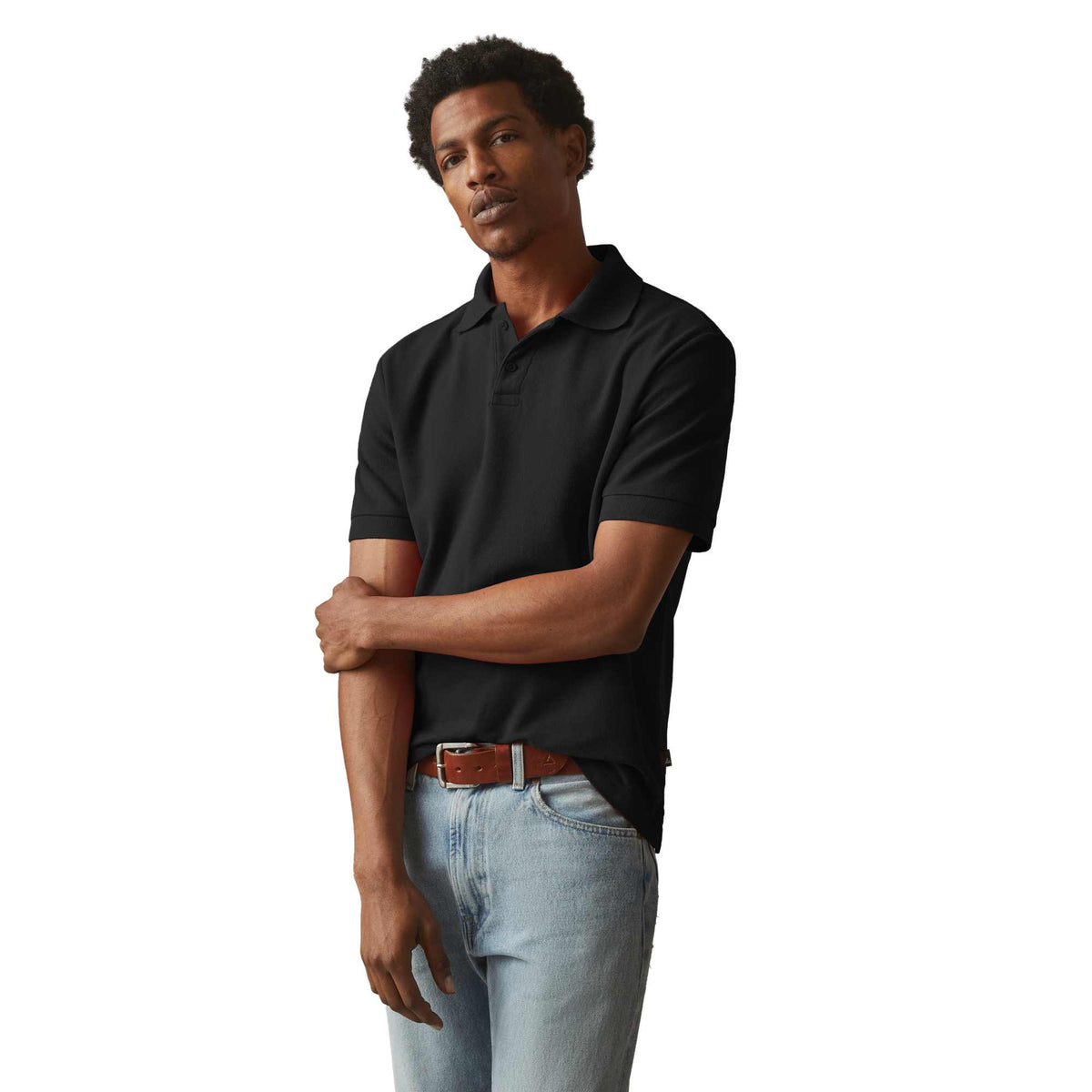 American Giant Classic Cotton Pique Polo for Men Embroidery - Black - On Model Left Angle 2