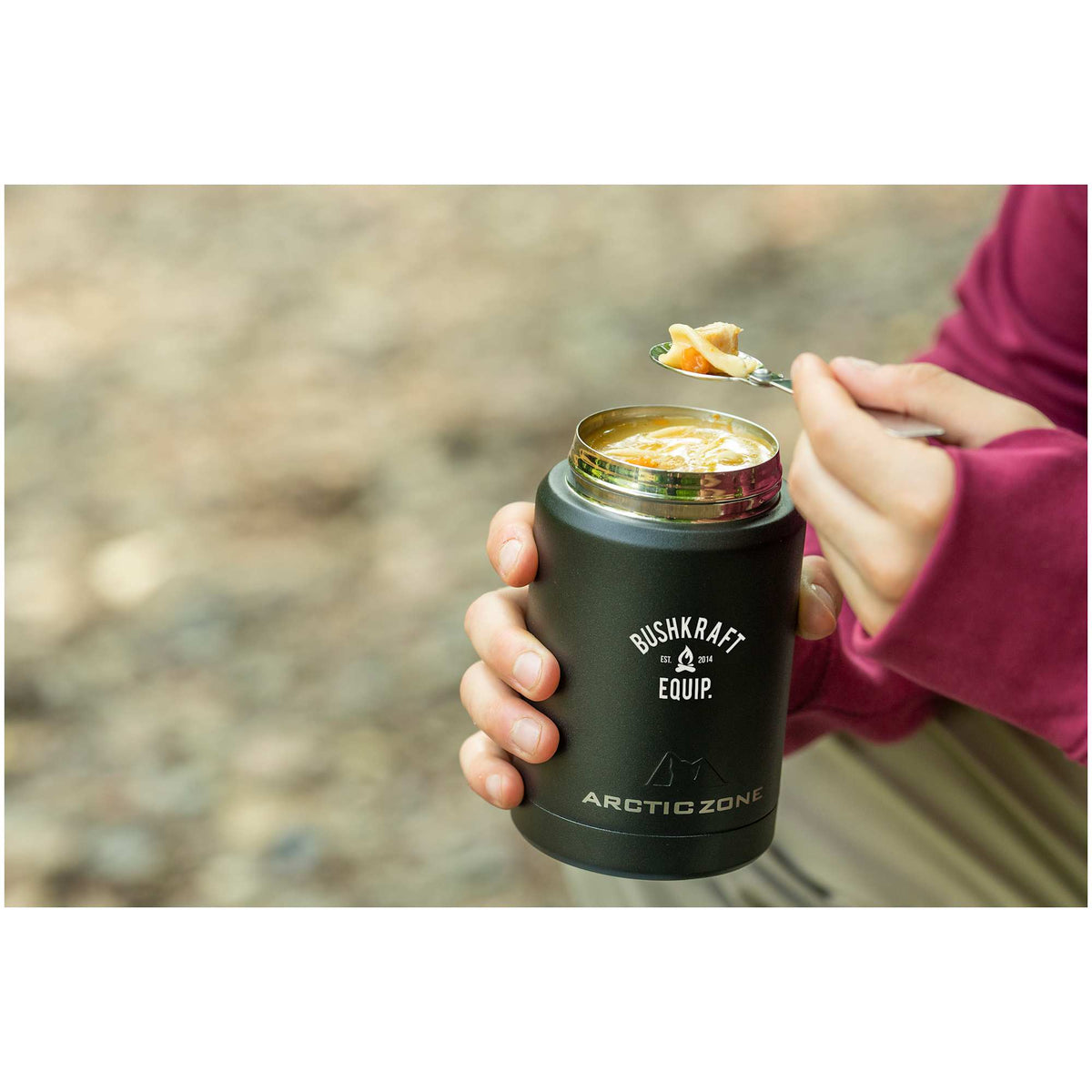 Arctic Zone Titan Copper Insulated Food Jar with Folding Spoon Full Color - Black - On Model 2