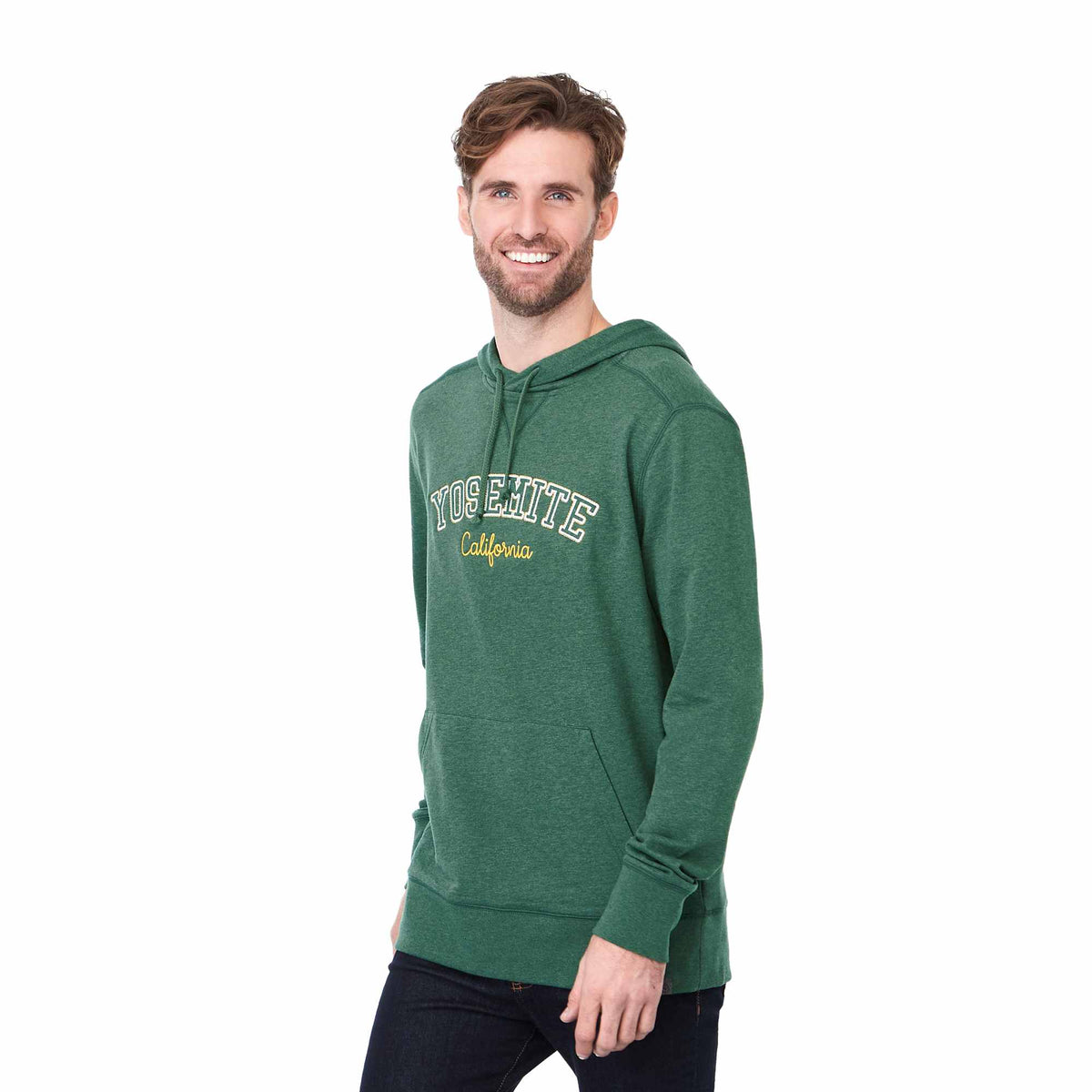 Argus Eco Fleece Pullover Hoodie for Men Embroidery - Juniper Heather - Left Angle On Model