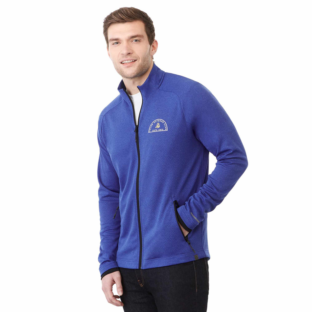 Asgard Eco Knit Full Zip Jacket for Men Transfer - New Royal Heather - Left Angle On Model 2