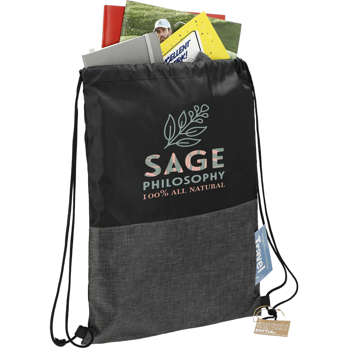 Ash Recycled Drawstring Bag with Vertical Zip Pocket Transfer - Black - Propped