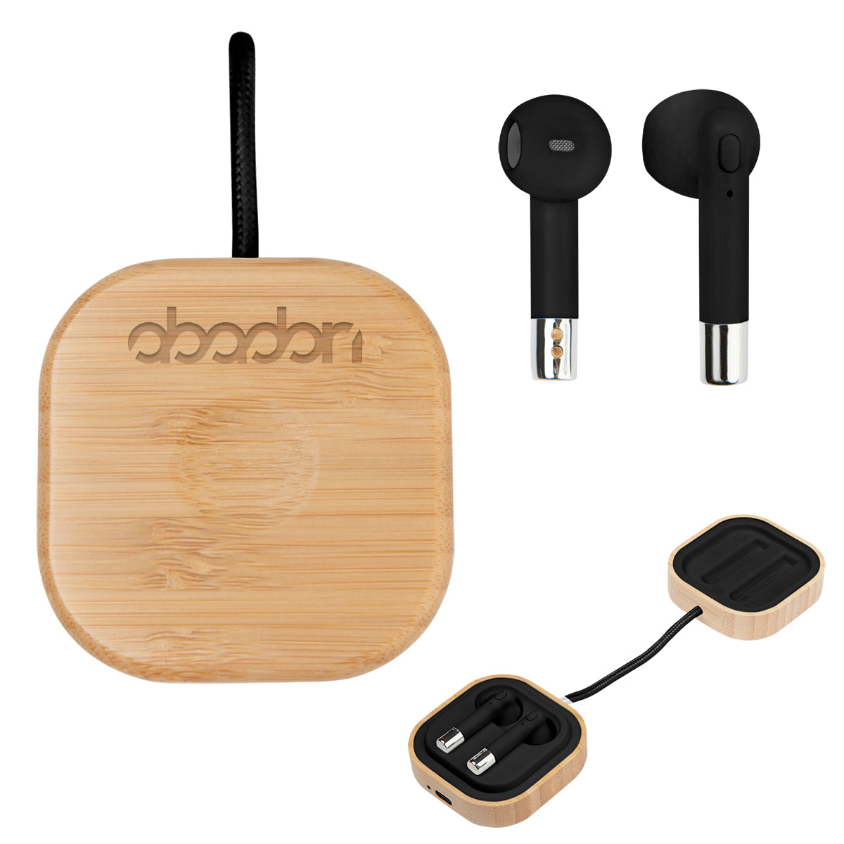 Bamboo Charger for Wireless Earbuds and Watches - both with Bamboo - Laser Engraving