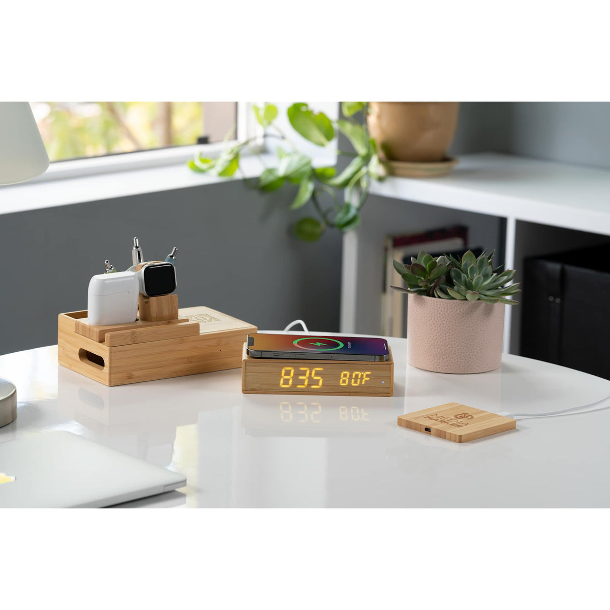 Bamboo Wireless Charging Pad with Two USB Ports Full Color - Natural - Front Bamboo