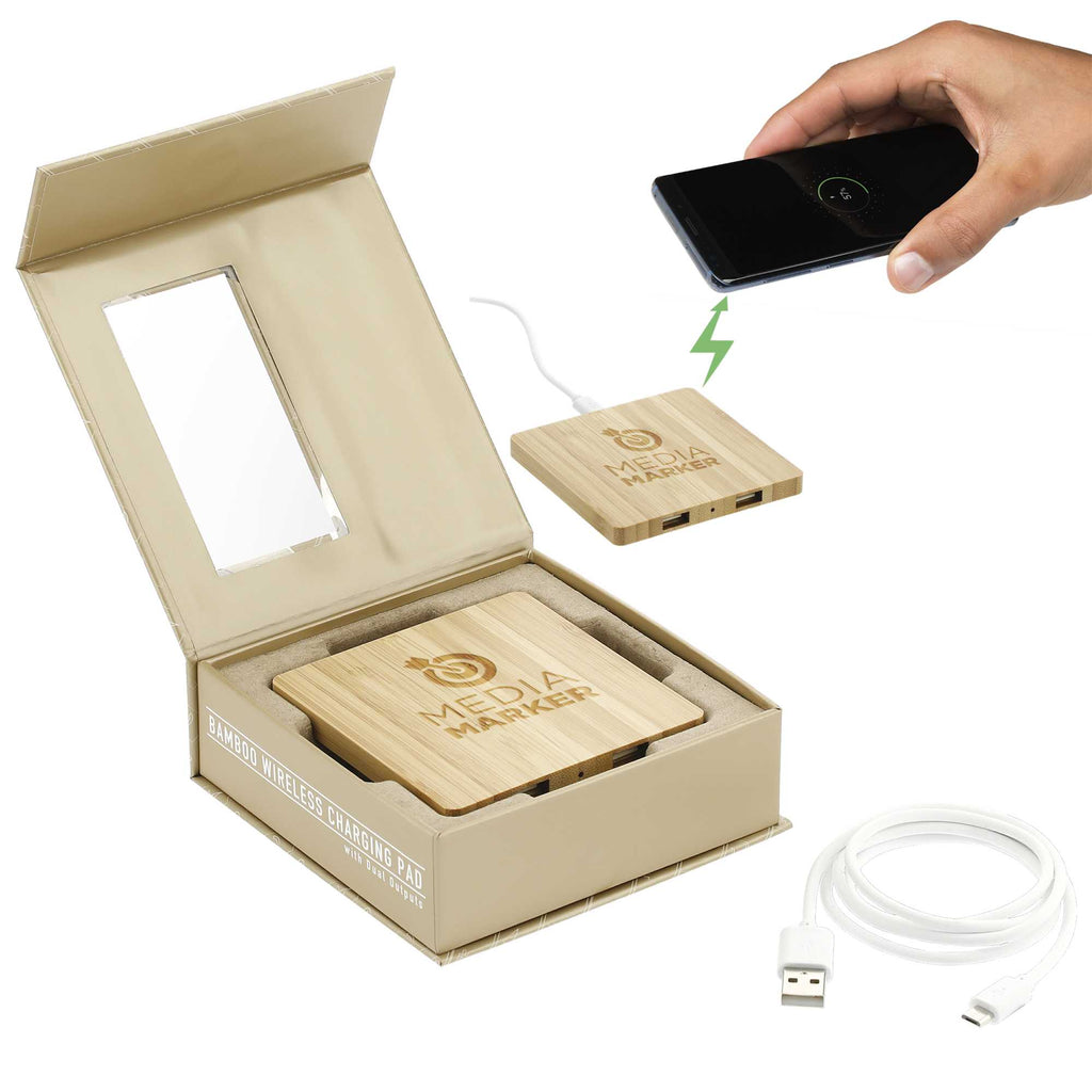 Bamboo Wireless Charging Pad with Two USB Ports Full Color - Natural - Right Angle 2