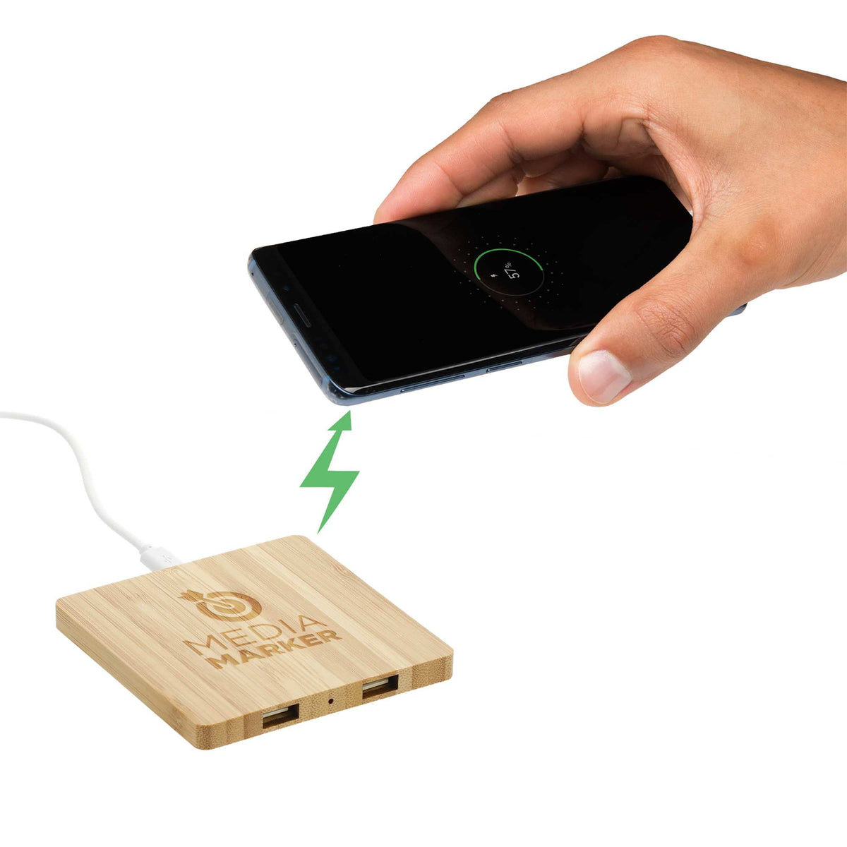 Bamboo Wireless Charging Pad with Two USB Ports Full Color - Natural - Right Angle 4