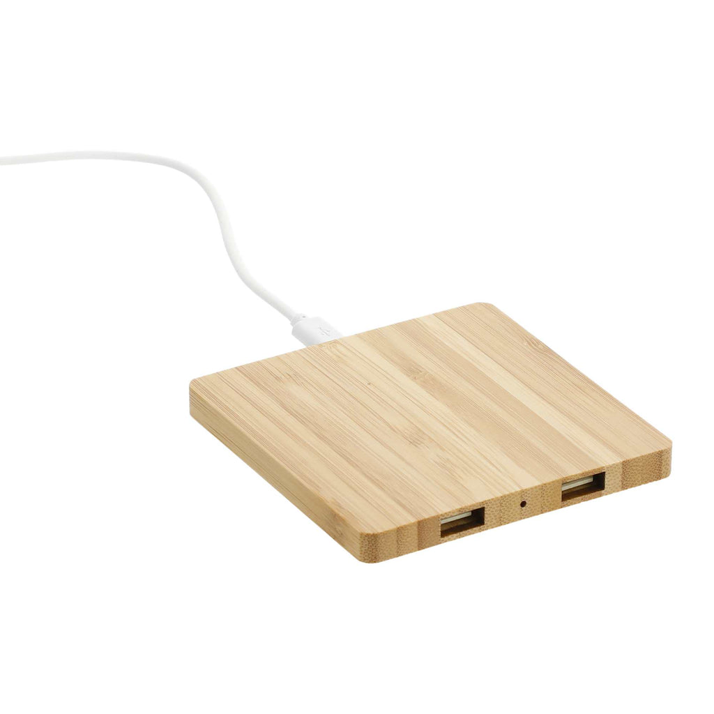 Bamboo Wireless Charging Pad with Two USB Ports Full Color - Natural - Right Angle 7