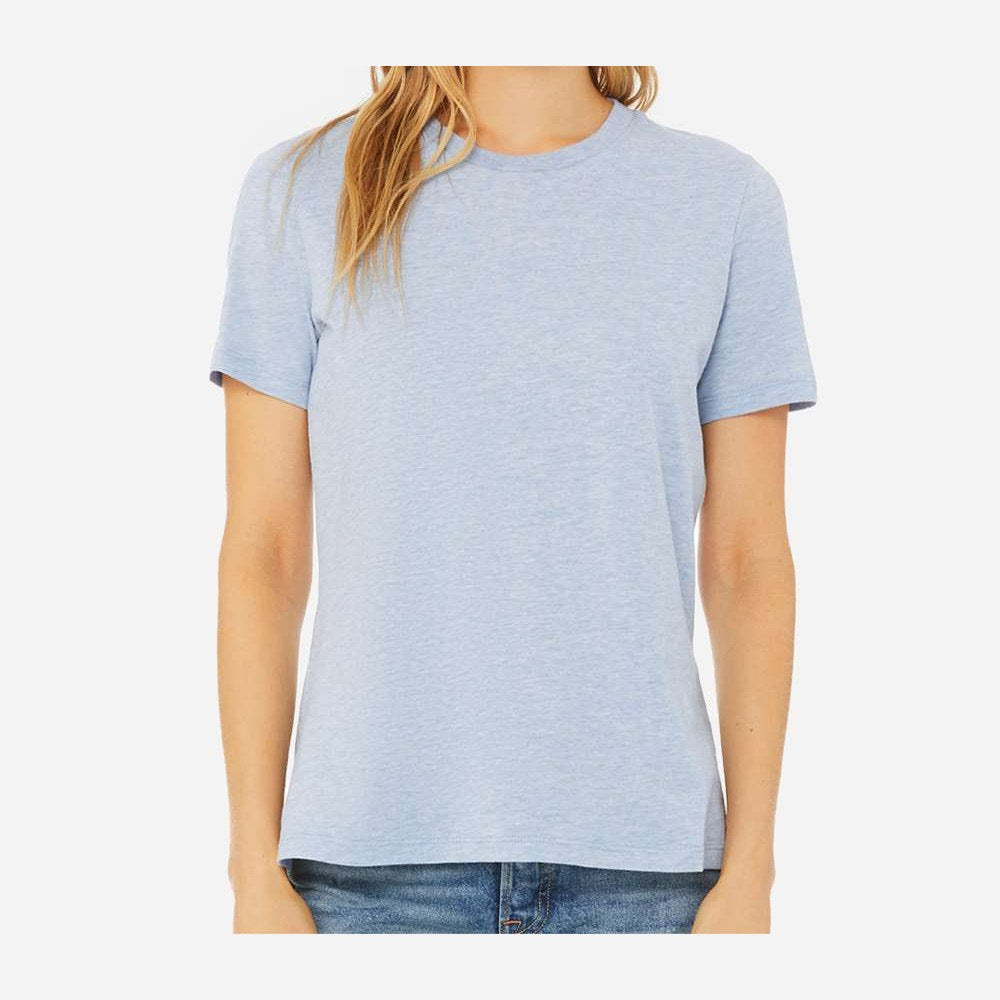 BELLA + CANVAS Women's Relaxed Fit Heather CVC Tee - Heather Prism Blue - On Model Front