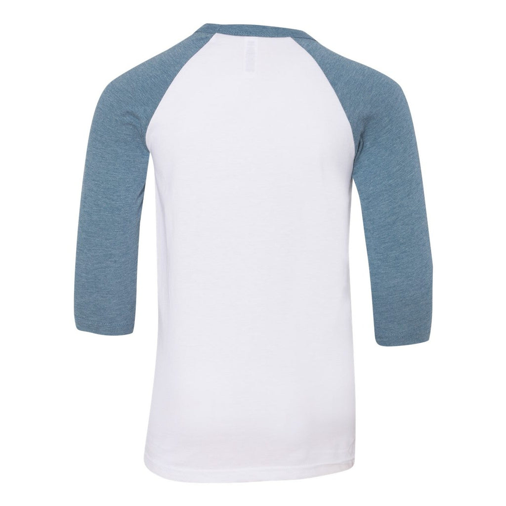 BELLA + CANVAS Youth Three-Quarter Sleeve Baseball Tee - White/ Denim - Back