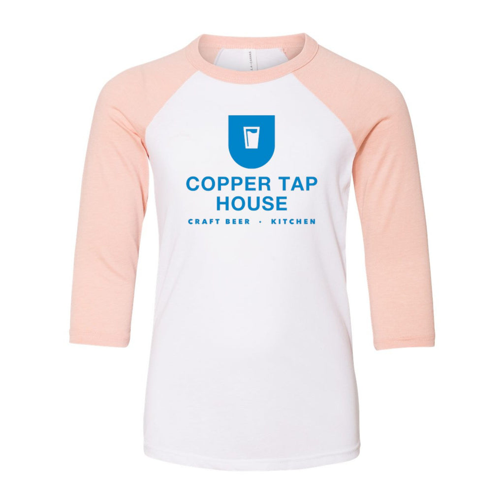 BELLA + CANVAS Youth Three-Quarter Sleeve Baseball Tee - White/ Heather Peach - Front