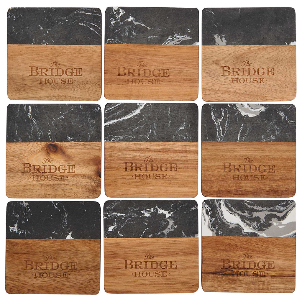 Black Marble and Acacia Wood Coasters, Set of 4 Laser Engraving - Black - Front 2