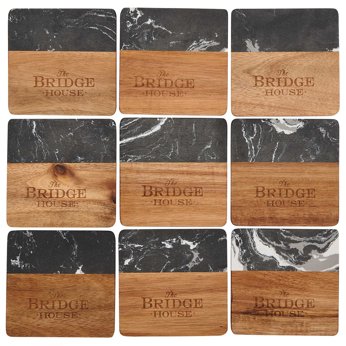 Black Marble and Acacia Wood Coasters, Set of 4 Laser Engraving - Black - Front 2