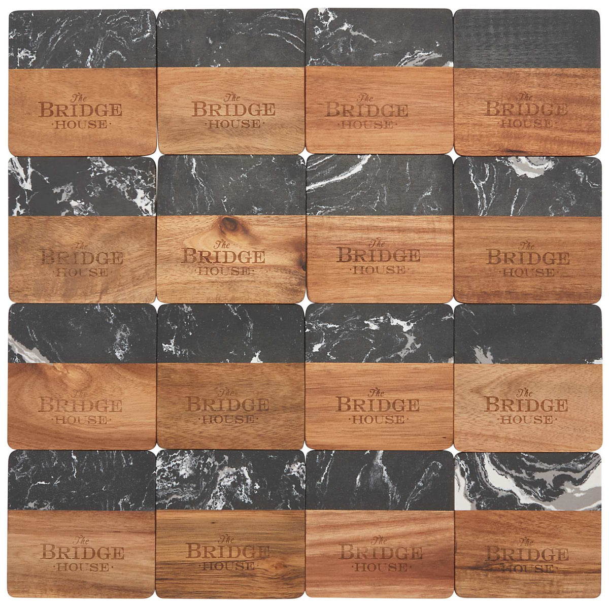 Black Marble and Acacia Wood Coasters, Set of 4 Laser Engraving - Black - Front 3