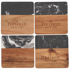 Black Marble and Acacia Wood Coasters, Set of 4 Laser Engraving - Black - Front