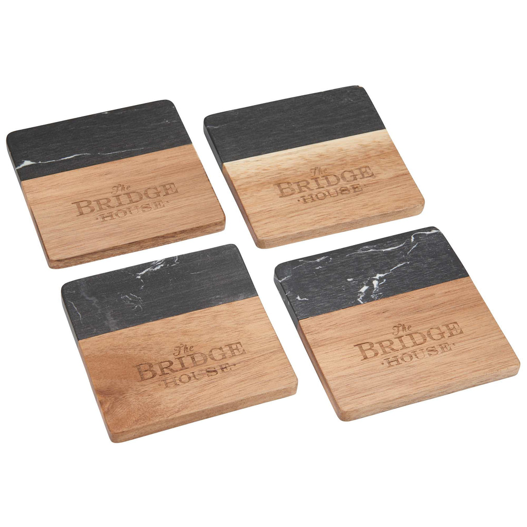 Black Marble and Acacia Wood Coasters, Set of 4 Laser Engraving - Black - Photo
