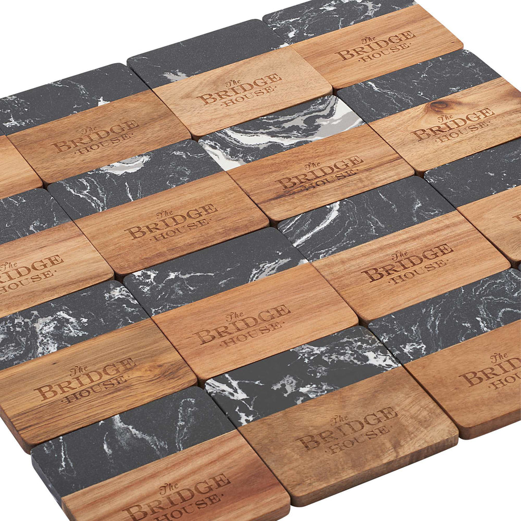 Black Marble and Acacia Wood Coasters, Set of 4 Laser Engraving - Black - Right Angle