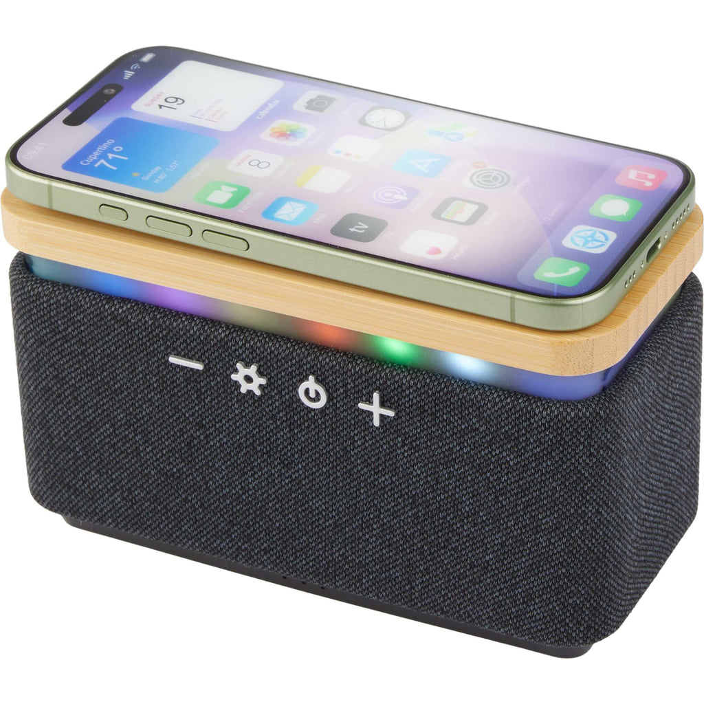 Boost Bamboo and Fabric Speaker with Wireless Charger Laser Engraving - Natural/Gray - Left Angle 2