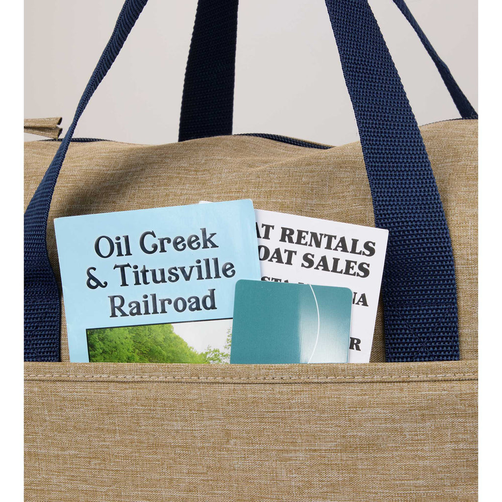 Brighton Duffel Bag with Navy Webbing in Recycled Polyester Embroidery - Tan - Detail