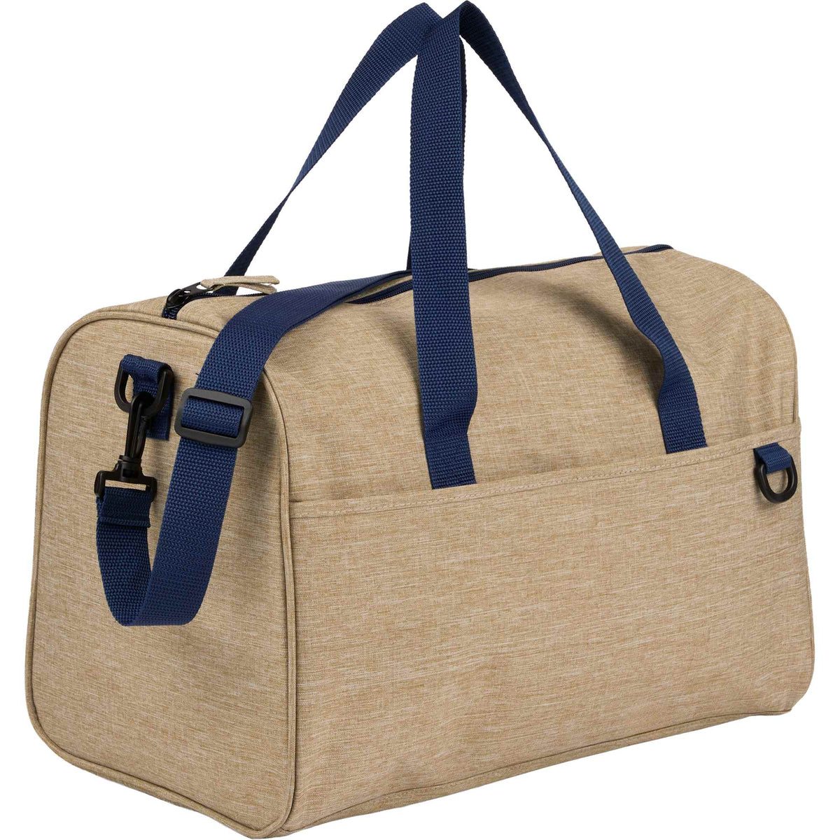Brighton Duffel Bag with Navy Webbing in Recycled Polyester Embroidery - Tan - Right Angle