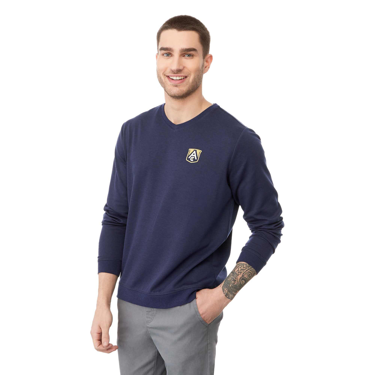 Bromley Knit V-Neck Sweater for Men Embroidery - Metro Blue Heather - On Model