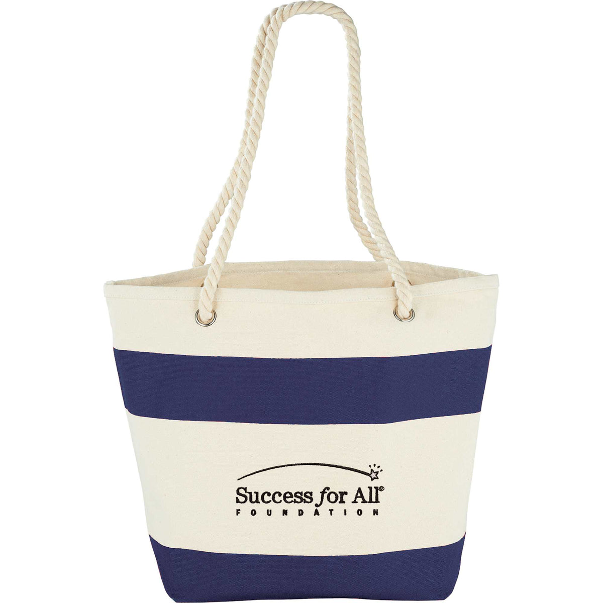 Capri Stripes Canvas Tote with Rope Handles, 12 oz Embroidery - Navy - Front