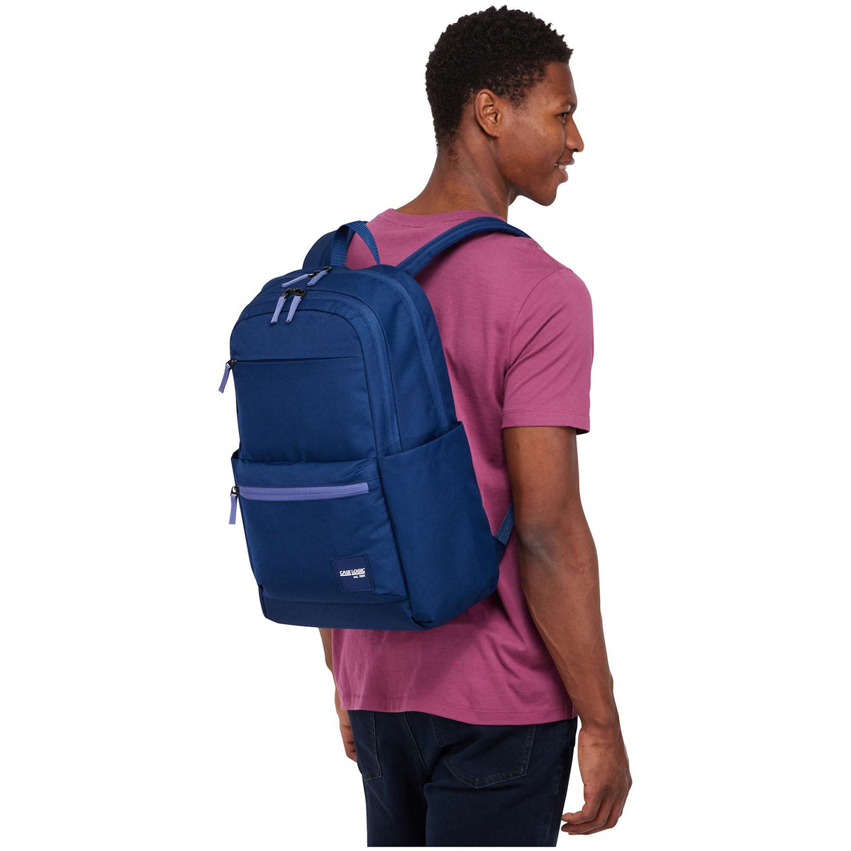 Case Logic Uplink Recycled Laptop Backpack, 26L Embroidery - Navy Blue - Left Angle Lifestyle