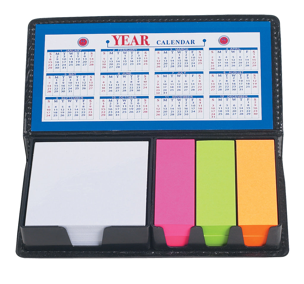 Case of Sticky Notes with Calendar, Leather Look - Black - Open