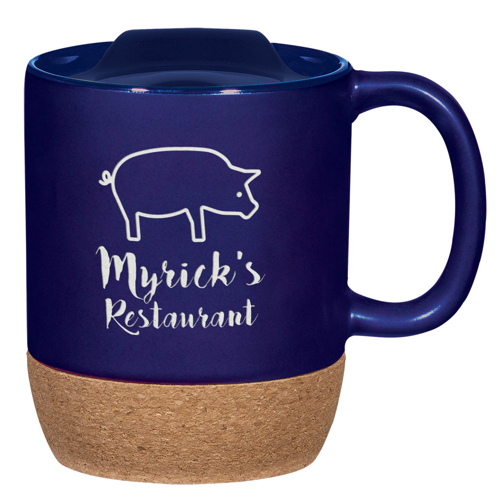 Ceramic Mug with Cork Base, 14 oz Laser Engraving - Cobalt Blue - Laser Engraving