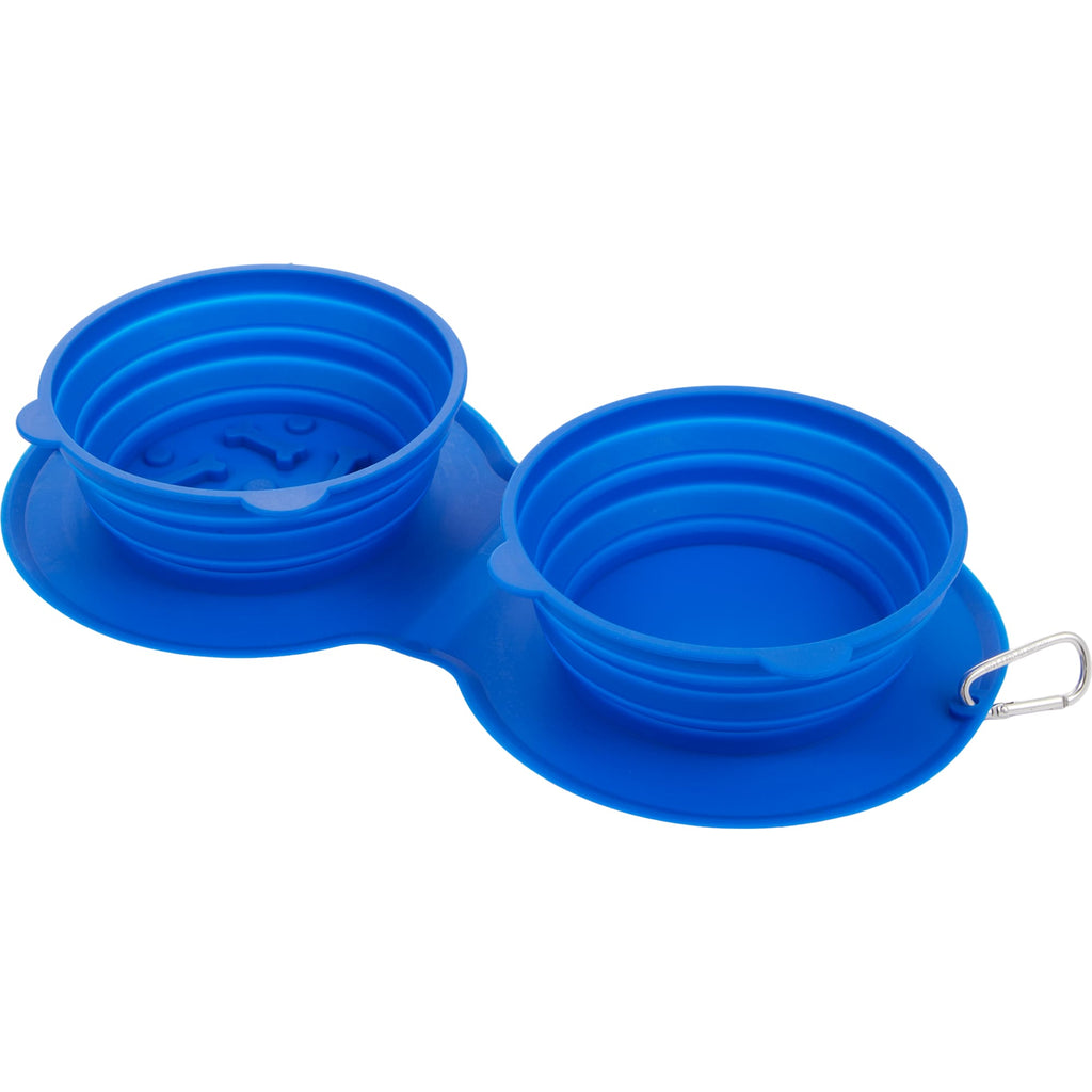 ChowTime Collapsible Dual Pet Bowl with Slow Feeder - Blue - Left Angle