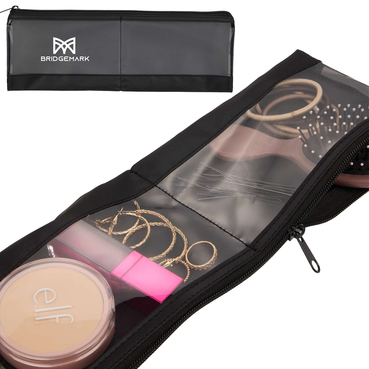 Clear Panel Travel Organizer with Two Zip Compartments - Black - Front Default