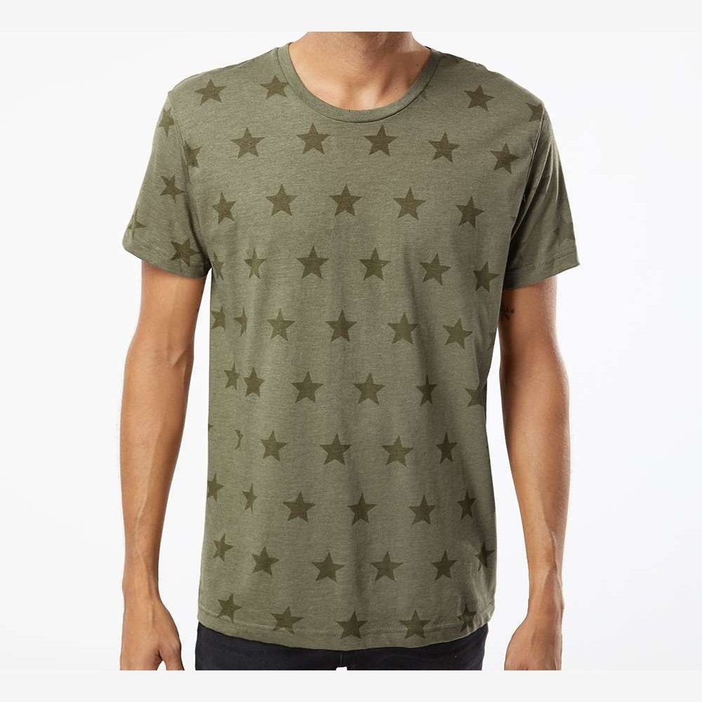 Code Five Unisex Star Print Tee - Military Green Star - On Model Front