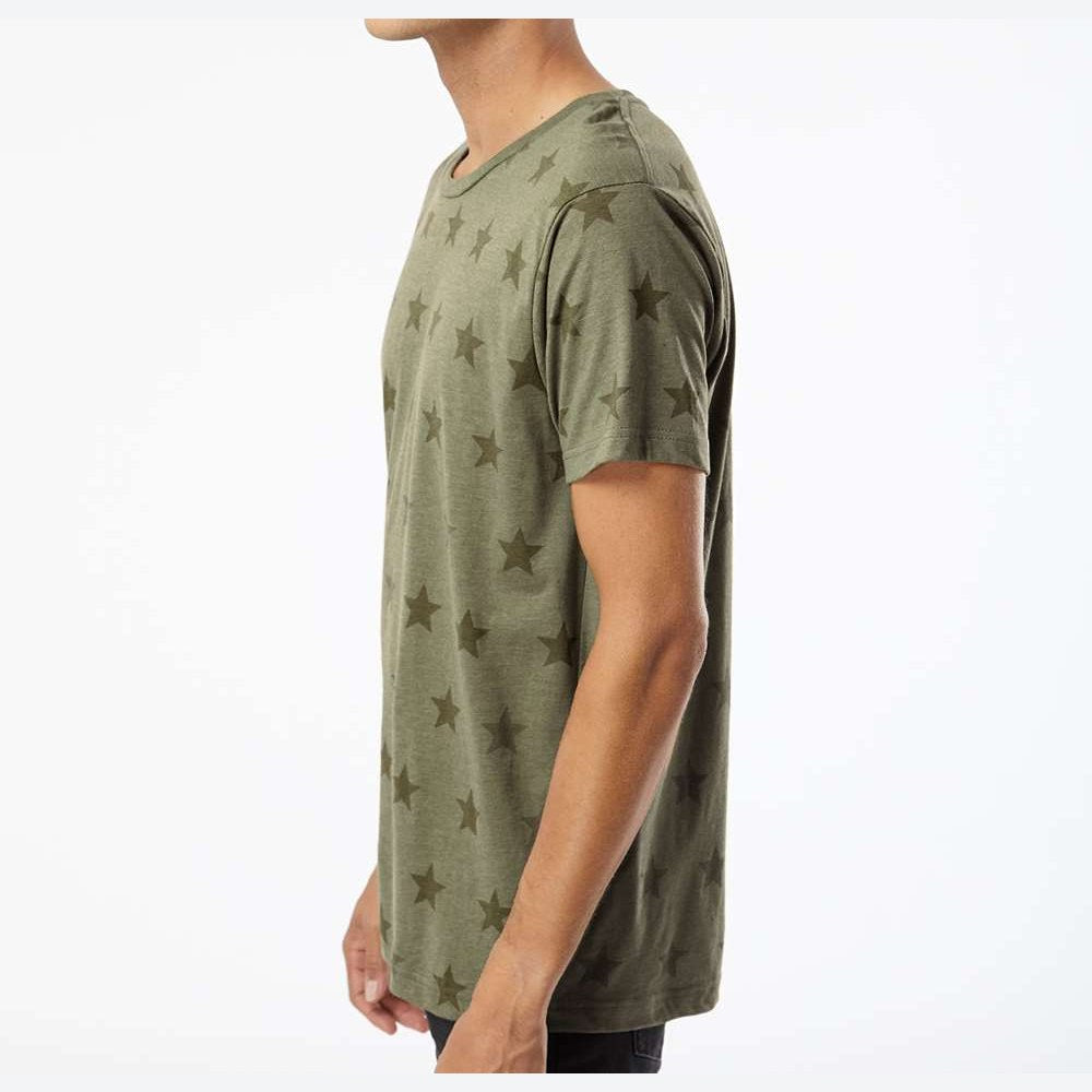 Code Five Unisex Star Print Tee - Military Green Star - On Model Side