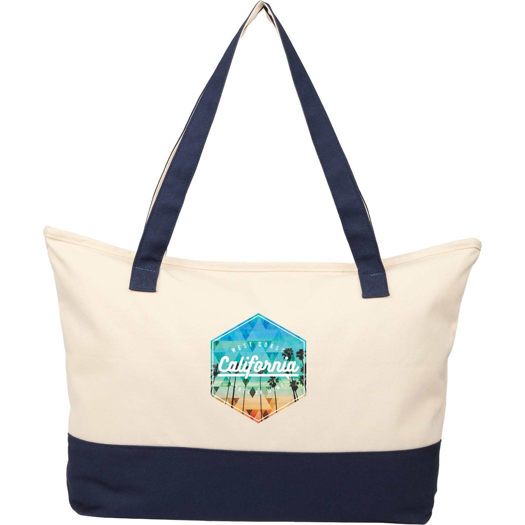 Color Accent Recycled Cotton Zippered Tote, 12 oz Full Color - Navy - Front