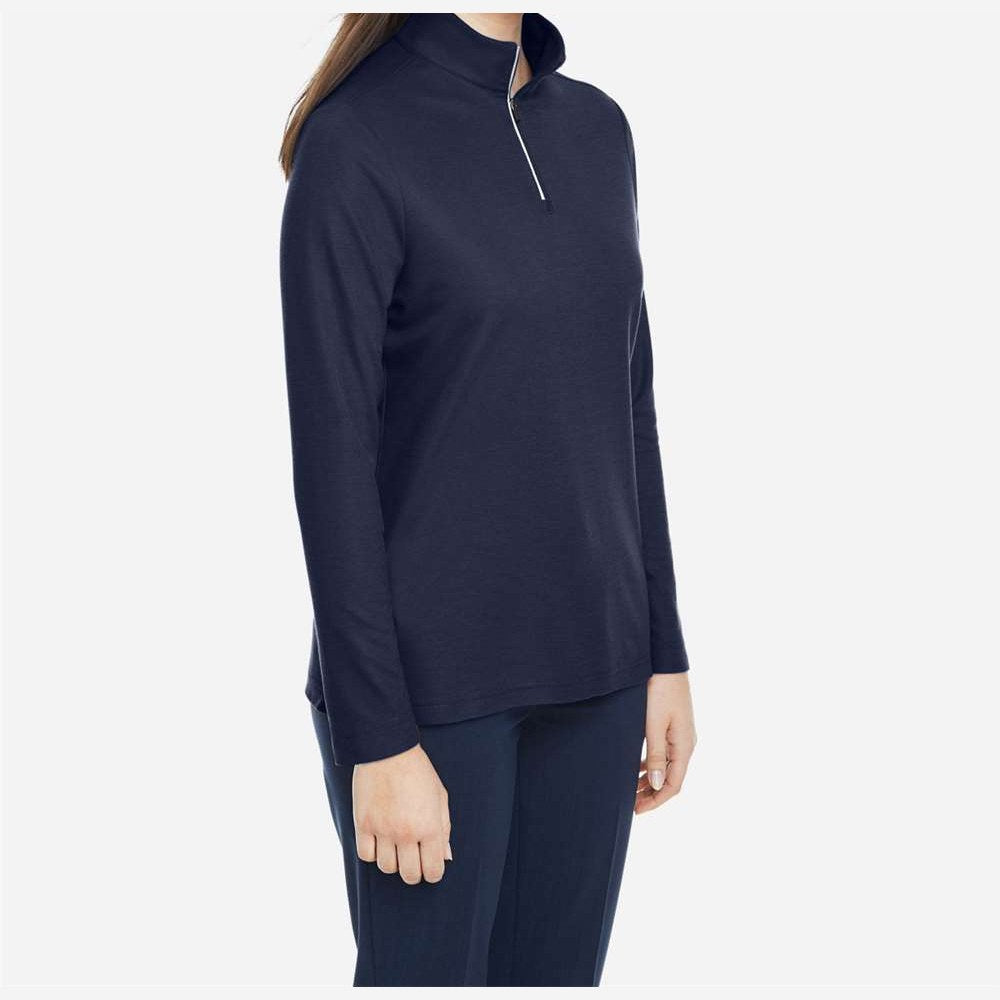CORE365 Women's Fusion ChromaSoft™ Pique Quarter-Zip Pullover Full Color - Classic Navy - On Model Side