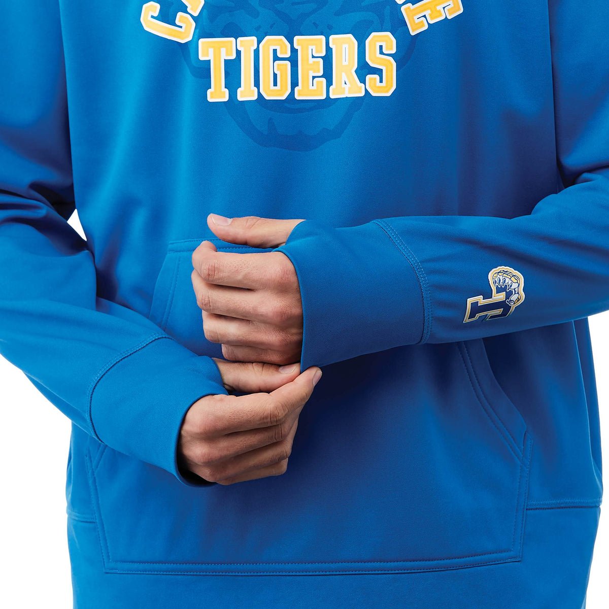 Coville Knit Hoodie with Thumb Holes for Men Embroidery - Olympic Blue - On Model 2