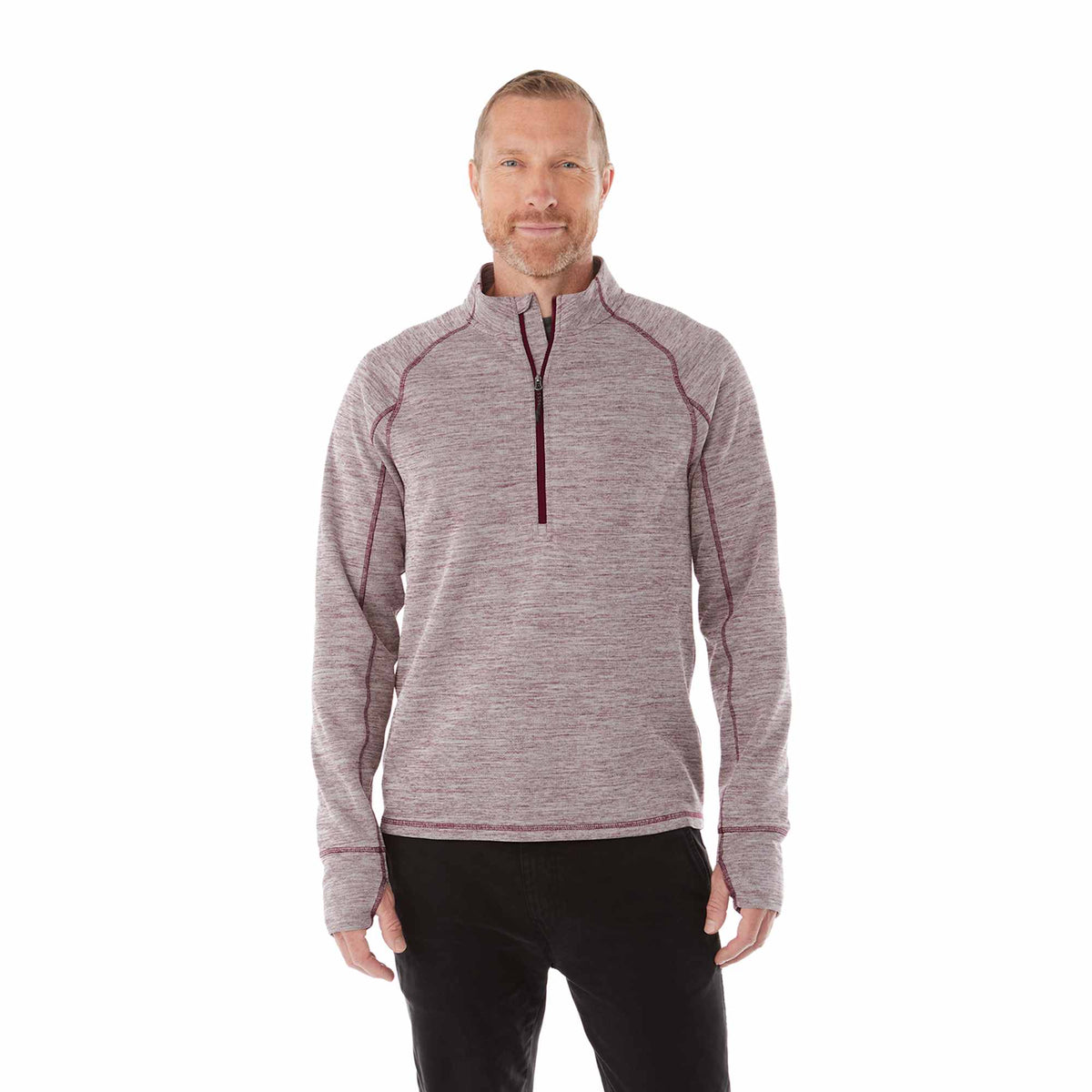 Crane Performance Knit Half Zip with Thumb Holes for Men Transfer - Maroon Heather - Front On Model