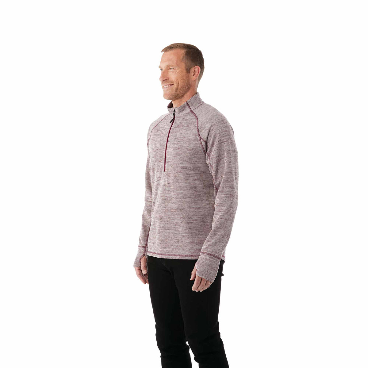 Crane Performance Knit Half Zip with Thumb Holes for Men Transfer - Maroon Heather - On Model 2