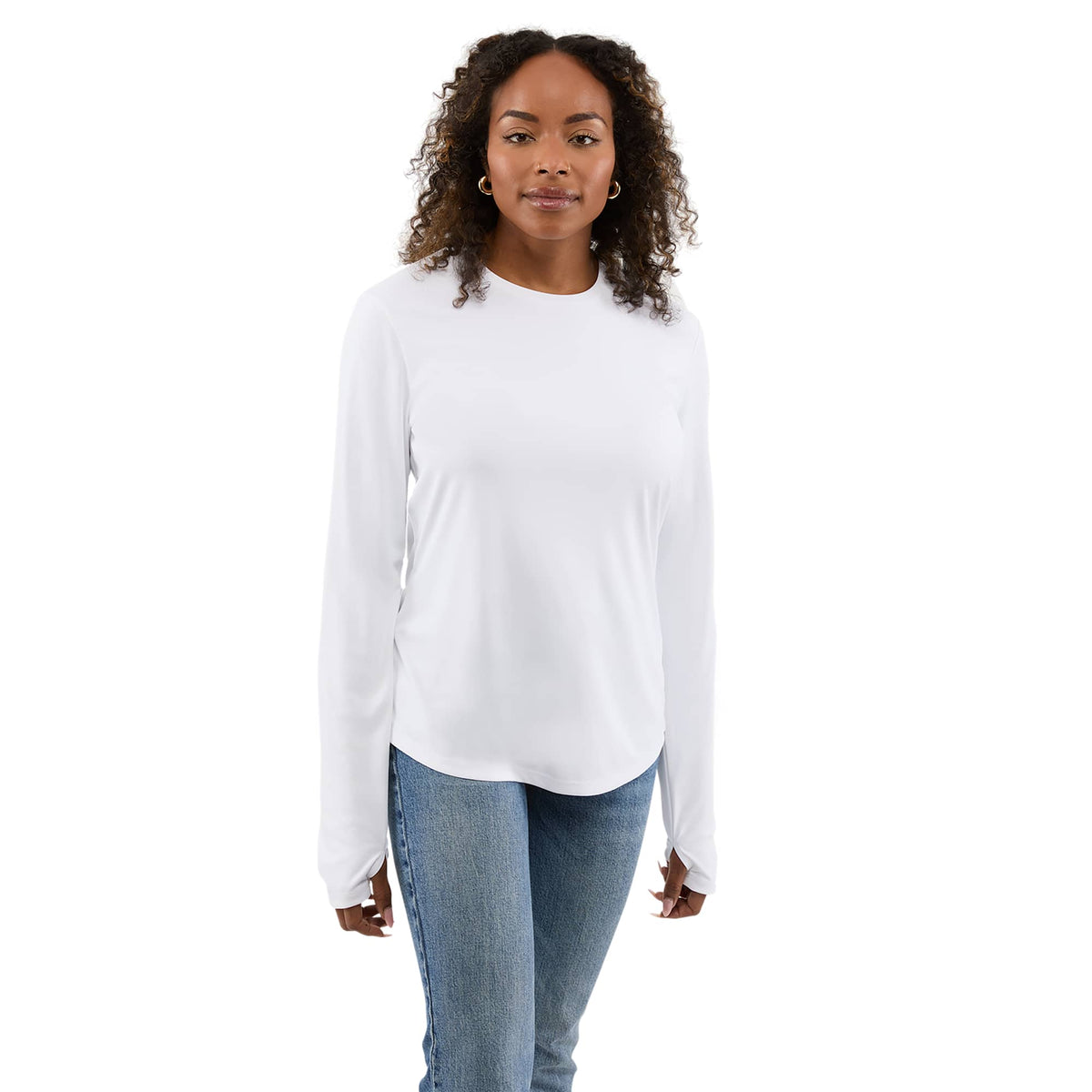 Dara Recycled Long Sleeve Tech Tee for Women Embroidery - White - Front On Model