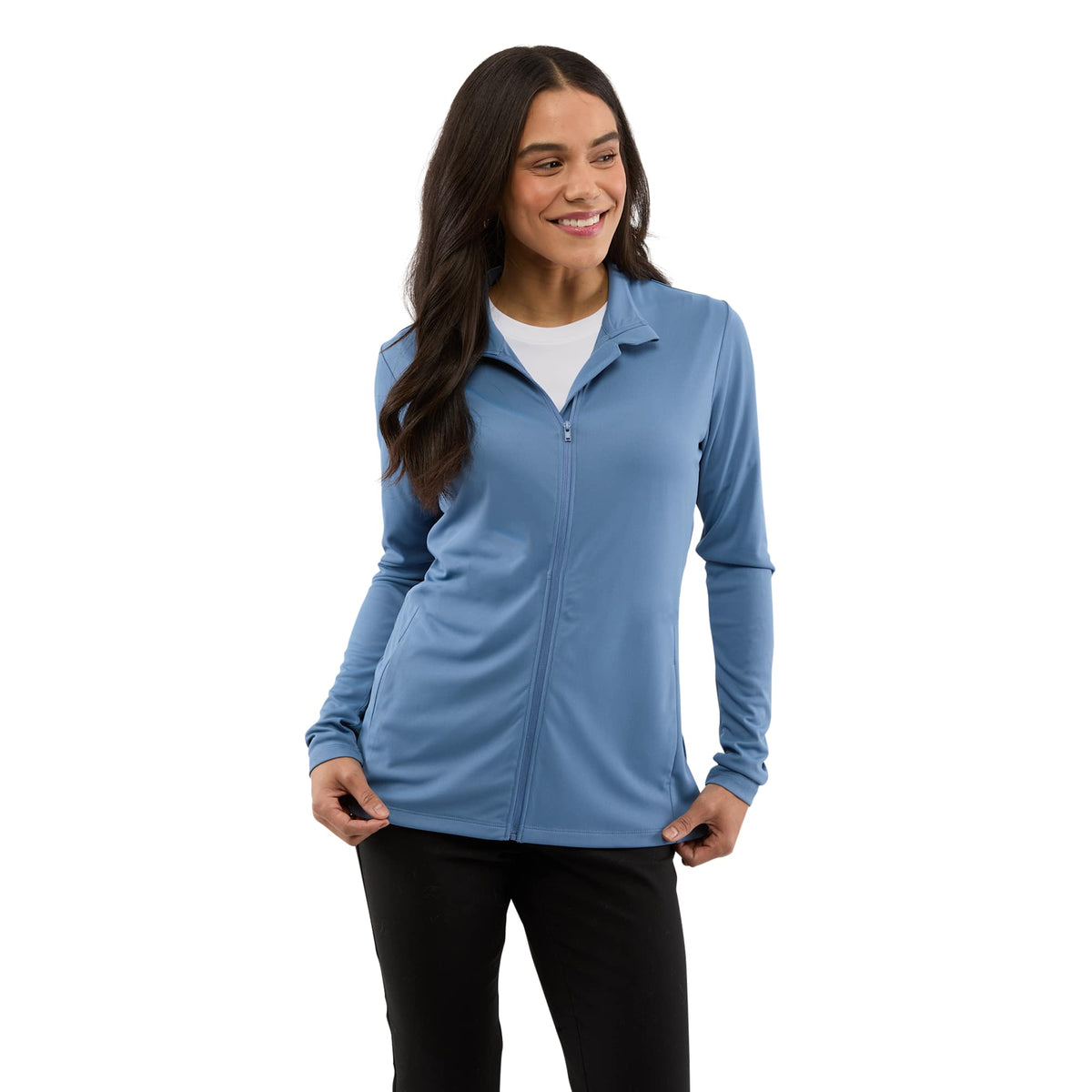 Dara Recycled Tech Full Zip Jacket for Women Embroidery - Moonlight Blue - Front On Model 2