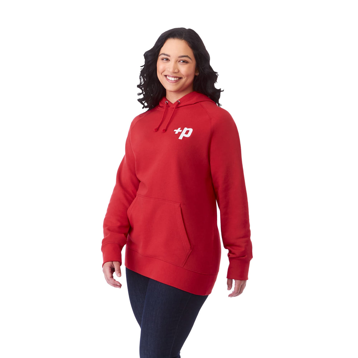 Dayton Classic Fleece Hoodie, Unisex Embroidery - Team Red - Left Angle On Model