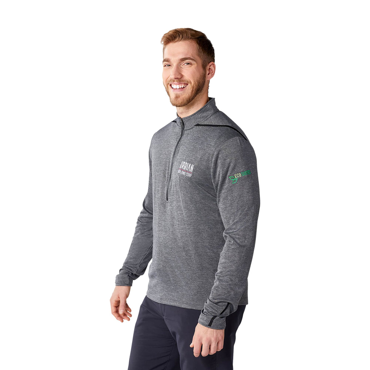 Dege Eco Knit Half Zip with Convertible Collar for Men Embroidery - Heather Charcoal/Black - Flat