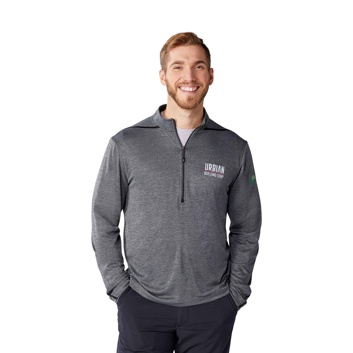 Dege Eco Knit Half Zip with Convertible Collar for Men Embroidery - Heather Charcoal/Black - Front On Model